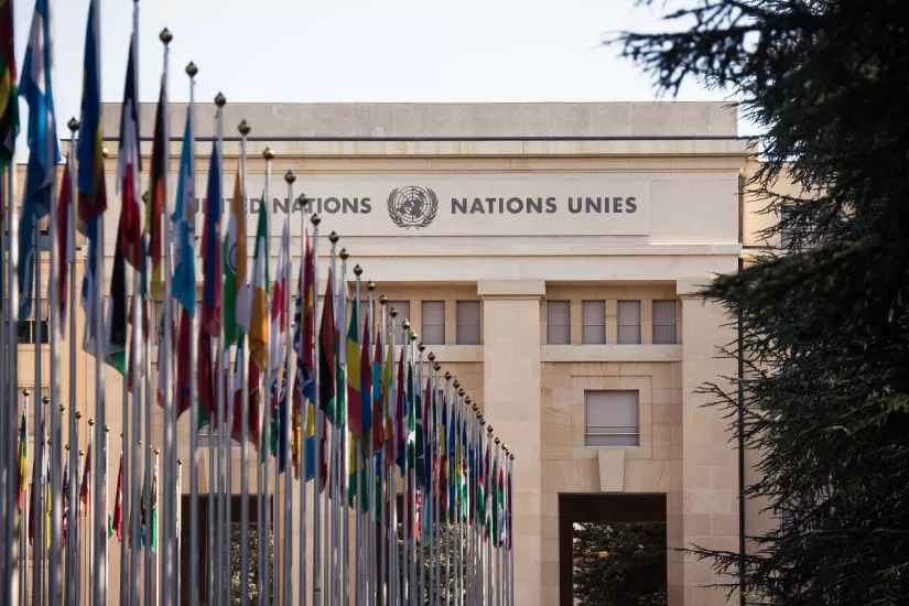 Flags in front of the UN in Geneva